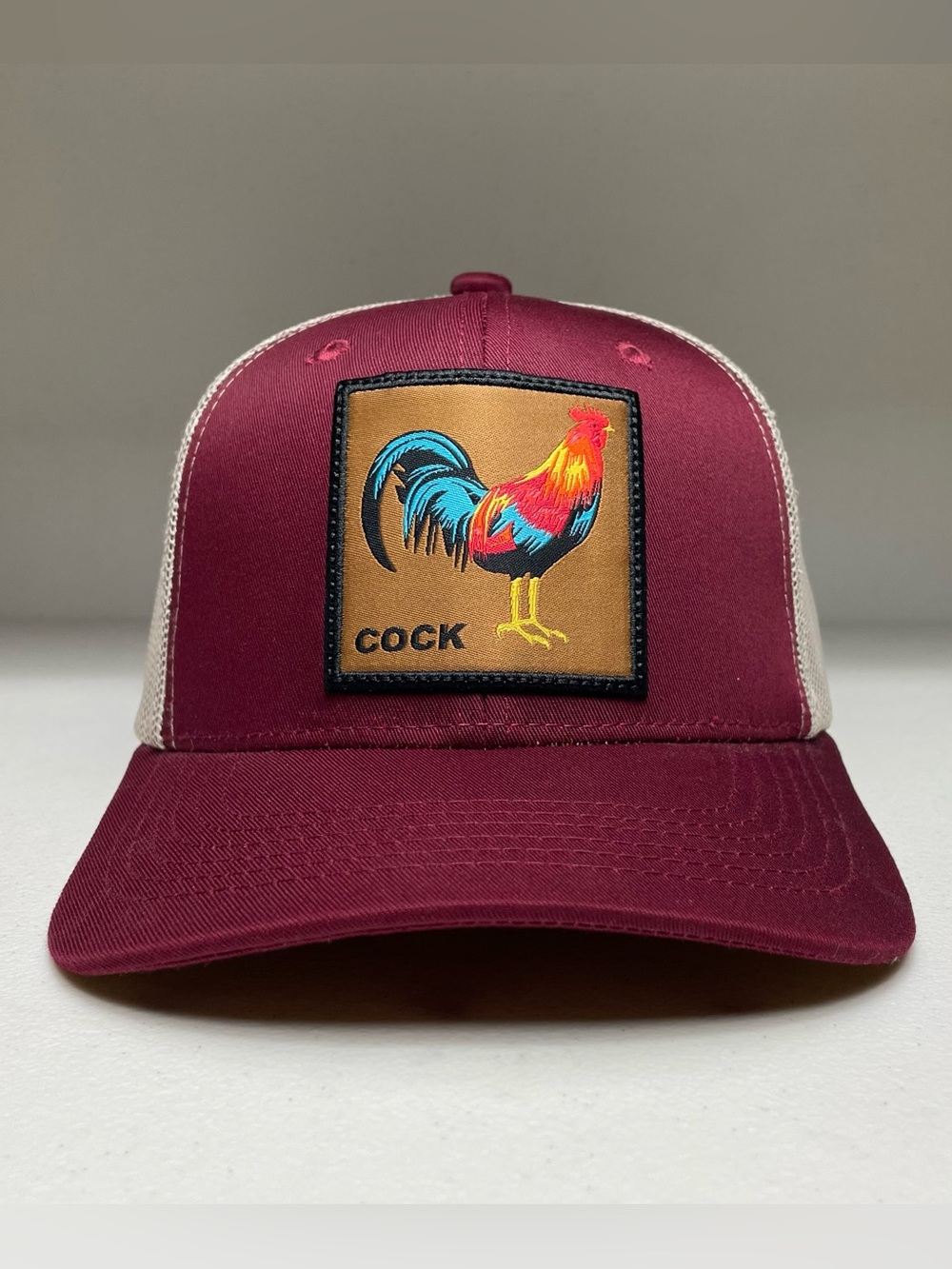 Men's Mesh Trucker Snapback Cap with Rooster Patch Burgundy